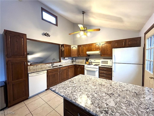 7366 Cromwell Dr, Solon, OH 44139 - kitchen with under cabinet range hood, white appliances, a sink, and ceiling fan