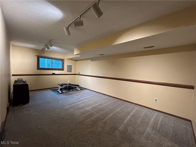 7366 Cromwell Dr, Solon, OH 44139 - finished basement with carpet, track lighting, electric panel, visible vents, and baseboards