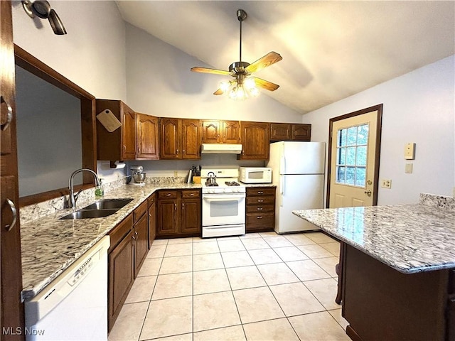 7366 Cromwell Dr, Solon, OH 44139 - kitchen with white appliances, light tile patterned floors, a ceiling fan, under cabinet range hood, and a sink