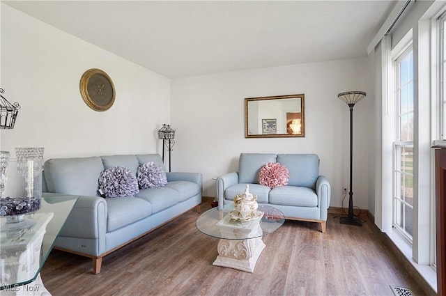 living area featuring wood finished floors and visible vents