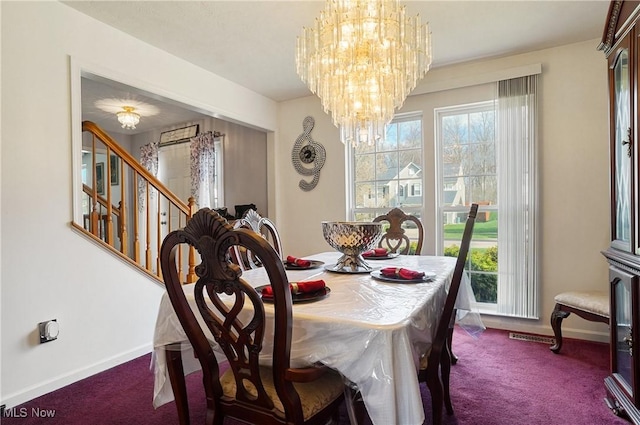 carpeted dining area featuring an inviting chandelier, baseboards, visible vents, and stairway