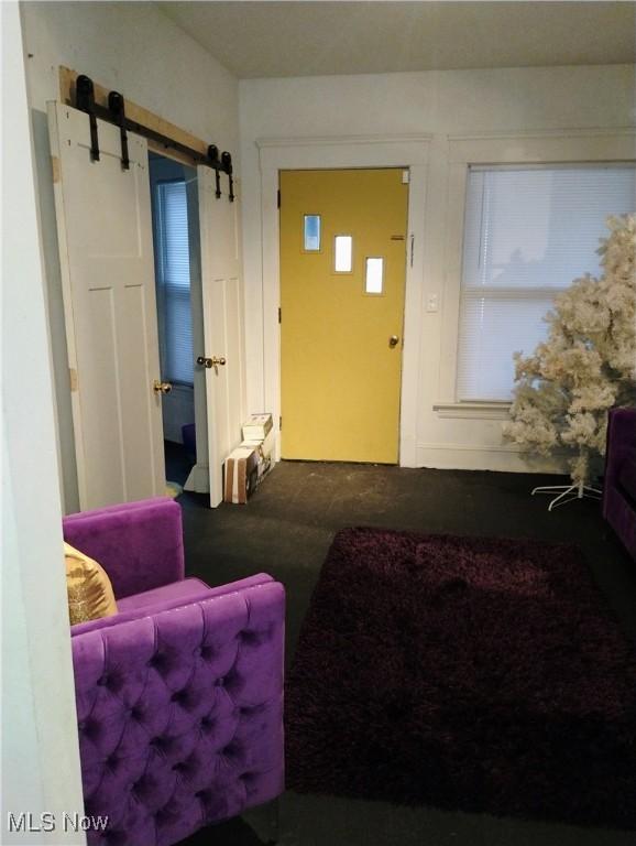 6010 Maurice Ave, Cleveland, OH 44127 - living room with a barn door and dark carpet