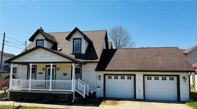cape cod-style house with covered porch, a garage, driveway, and roof with shingles