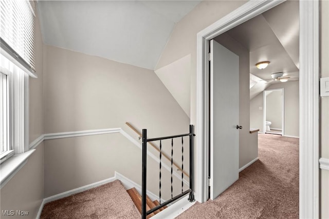 interior space with carpet flooring, baseboards, and lofted ceiling