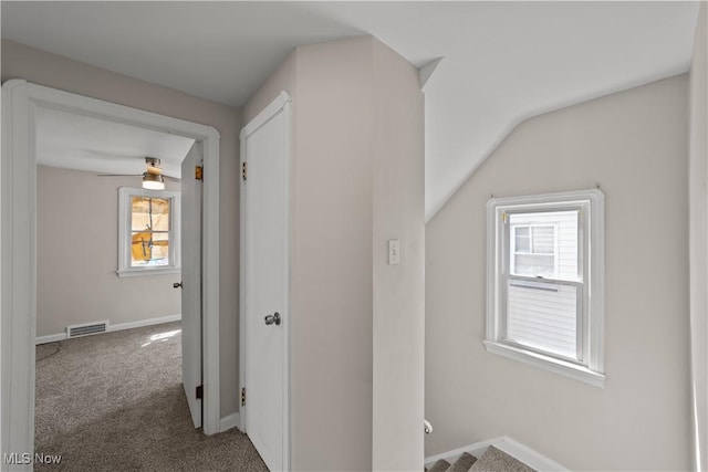 hall featuring visible vents, baseboards, and carpet floors