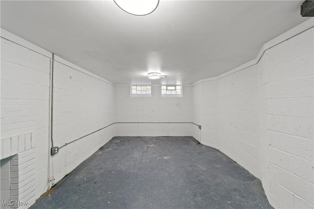 basement with concrete block wall