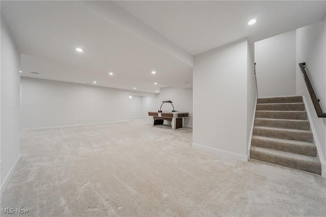 4643 Pebble Creek Ct, Peninsula, OH 44264 - finished below grade area with recessed lighting, baseboards, carpet flooring, and stairs