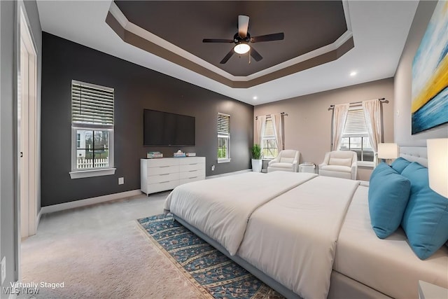 4643 Pebble Creek Ct, Peninsula, OH 44264 - bedroom with light colored carpet, baseboards, a raised ceiling, recessed lighting, and ceiling fan