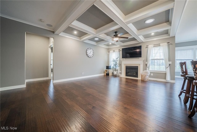 4643 Pebble Creek Ct, Peninsula, OH 44264 - unfurnished living room with a ceiling fan, baseboards, dark wood finished floors, coffered ceiling, and beam ceiling