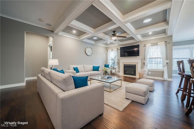 4643 Pebble Creek Ct, Peninsula, OH 44264 - living room with a ceiling fan, baseboards, dark wood-style floors, beamed ceiling, and coffered ceiling