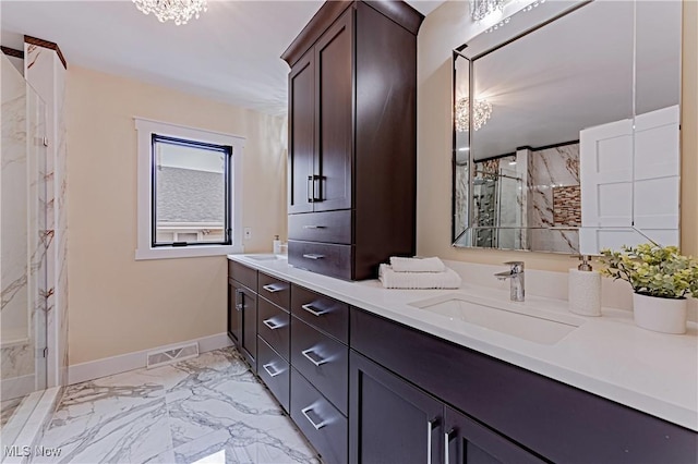 20601 Shelburne Rd, Shaker Heights, OH 44122 - full bath featuring marble look tile flooring, double vanity, and a marble finish shower