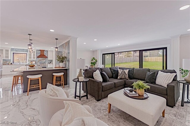 20601 Shelburne Rd, Shaker Heights, OH 44122 - living area featuring light marble finish flooring and recessed lighting