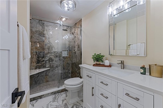 20601 Shelburne Rd, Shaker Heights, OH 44122 - bathroom featuring vanity, a marble finish shower, and marble look tile flooring