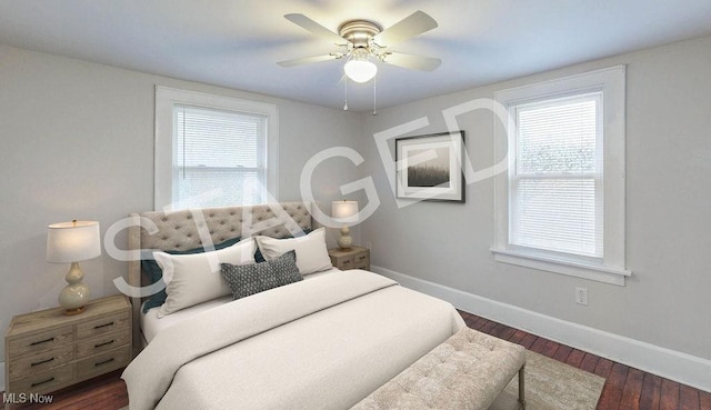 bedroom with dark wood-type flooring, baseboards, multiple windows, and ceiling fan