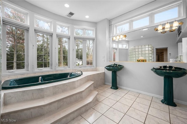 2691 Rocklyn Rd, Shaker Heights, OH 44122 - bathroom featuring visible vents, baseboards, recessed lighting, tile patterned floors, and a garden tub