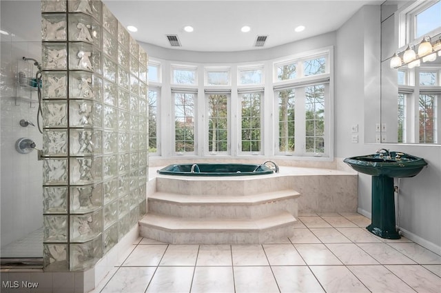 2691 Rocklyn Rd, Shaker Heights, OH 44122 - bathroom with tile patterned floors, tiled shower, visible vents, and a garden tub