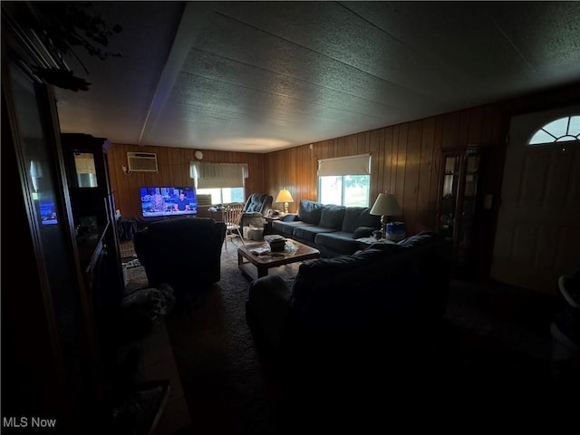 1110 3rd St, Belpre, OH 45714 - carpeted living room featuring wood walls and a wall unit AC
