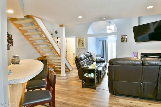 345 S Linden Ct, Warren, OH 44484 - living area with recessed lighting, stairway, light wood-style floors, and ceiling fan