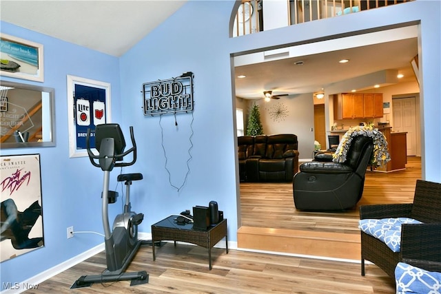 345 S Linden Ct, Warren, OH 44484 - exercise area featuring high vaulted ceiling, light wood finished floors, and baseboards