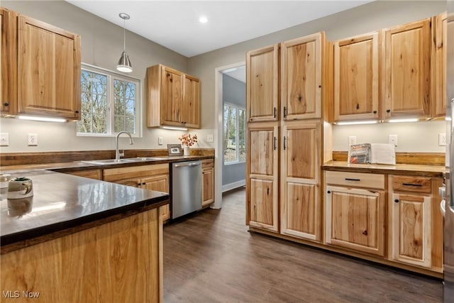 kitchen with dark wood finished floors, dishwasher, a sink, dark countertops, and decorative light fixtures