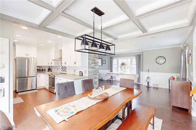 dining space with wainscoting, dark wood-style flooring, beam ceiling, and coffered ceiling
