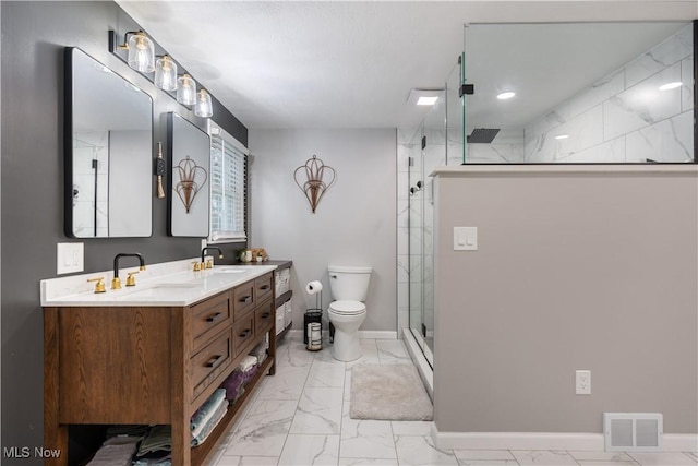 2119 Devonshire Dr NW, Canton, OH 44708 - bathroom featuring a shower with shower door, visible vents, toilet, marble finish floor, and double vanity