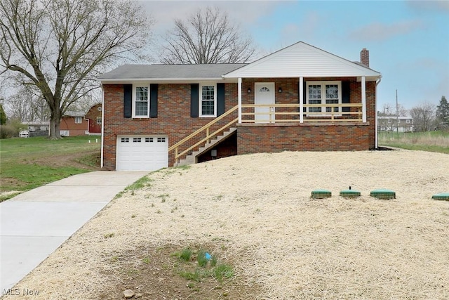 ranch-style house featuring an attached garage, covered porch, a chimney, brick siding, and driveway
