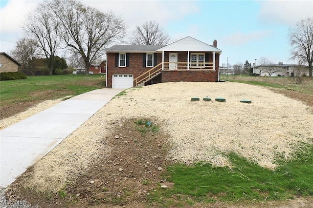 view of front of home with a porch, an attached garage, a chimney, concrete driveway, and brick siding