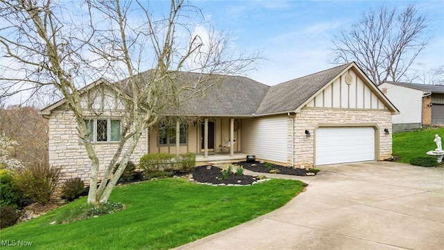 single story home with driveway, stone siding, a front lawn, an attached garage, and a porch