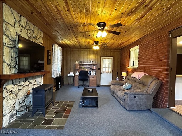 3265 Tieber Rd, Stockport, OH 43787 - carpeted living area featuring wood walls, a wood stove, wooden ceiling, and a ceiling fan