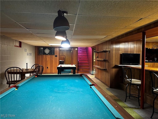 3265 Tieber Rd, Stockport, OH 43787 - rec room with wood walls, concrete block wall, a paneled ceiling, and pool table