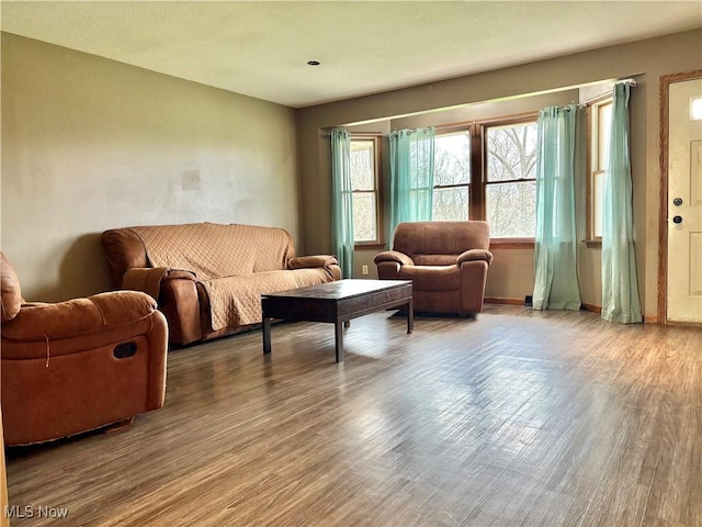 living room with wood finished floors and baseboards