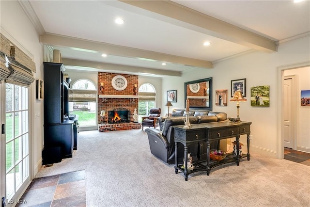living room featuring baseboards, recessed lighting, a fireplace, carpet flooring, and beam ceiling