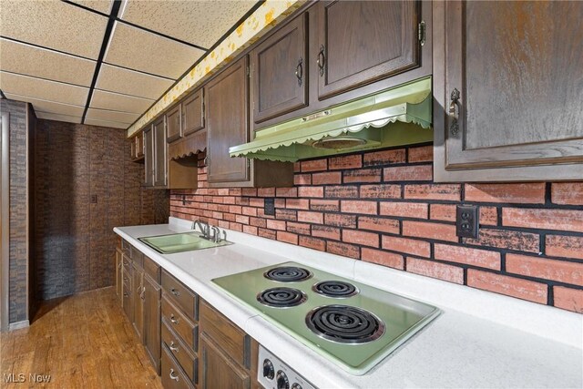 kitchen featuring dark brown cabinetry, electric cooktop, under cabinet range hood, light countertops, and a sink