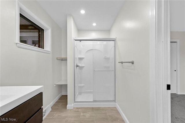 105 Garfield Way, Follansbee, WV 26037 - bathroom with a shower stall, vanity, visible vents, recessed lighting, and baseboards