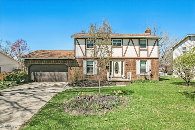 2262 Tanglewood Dr, Salem, OH 44460 - tudor-style house featuring a garage, brick siding, a chimney, concrete driveway, and stucco siding