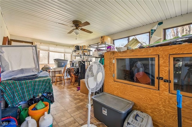 storage room with a ceiling fan