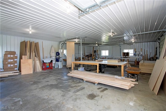 garage with a workshop area