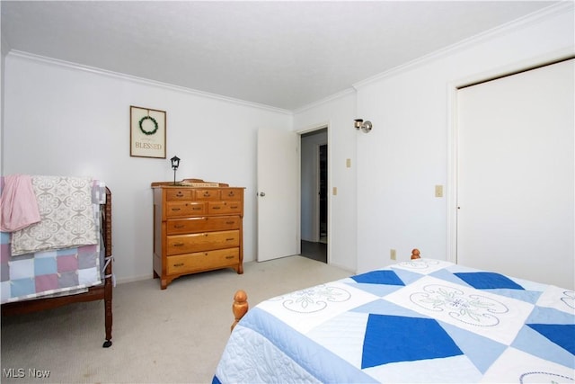 bedroom featuring ornamental molding and light carpet