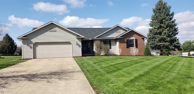 ranch-style home featuring a garage, a front yard, driveway, and brick siding