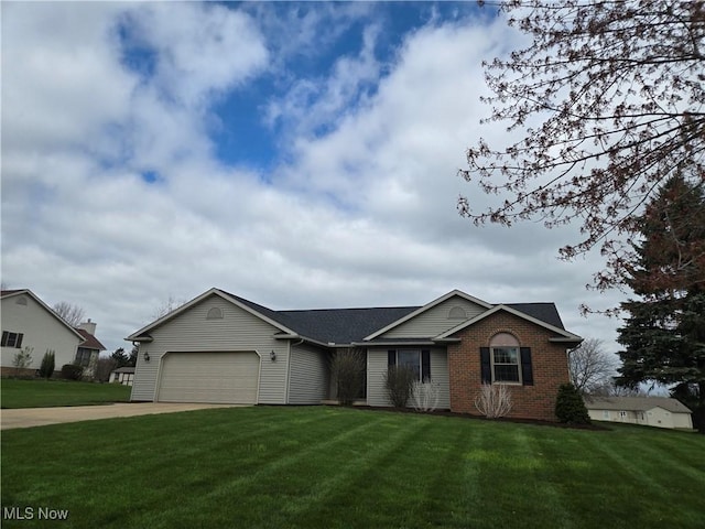 ranch-style home featuring a garage, a front yard, brick siding, and driveway