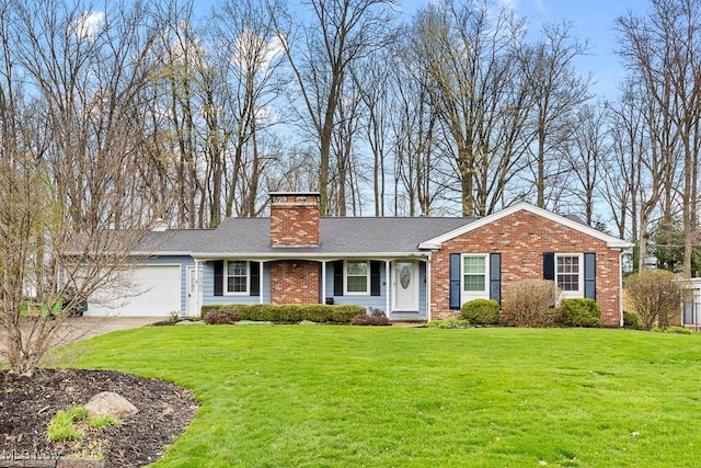 841 W Milton St, Alliance, OH 44601 - ranch-style house featuring a chimney, driveway, a front yard, brick siding, and a garage