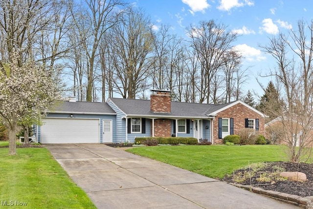 841 W Milton St, Alliance, OH 44601 - ranch-style home featuring concrete driveway, an attached garage, a chimney, and a front lawn