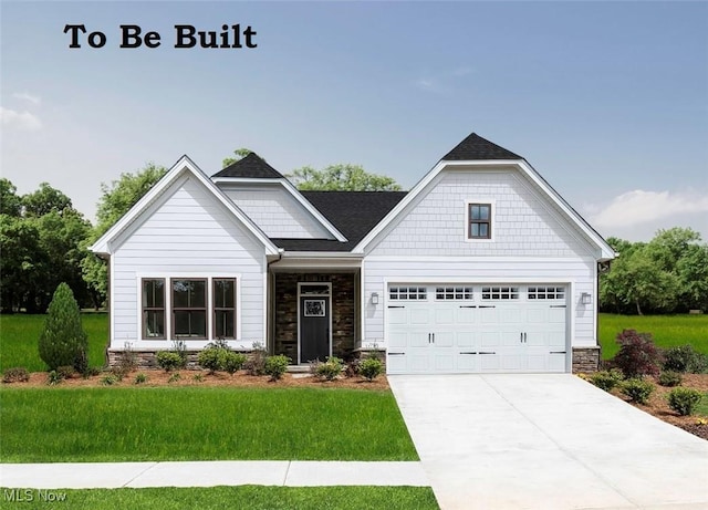 craftsman house featuring driveway, stone siding, and a front lawn
