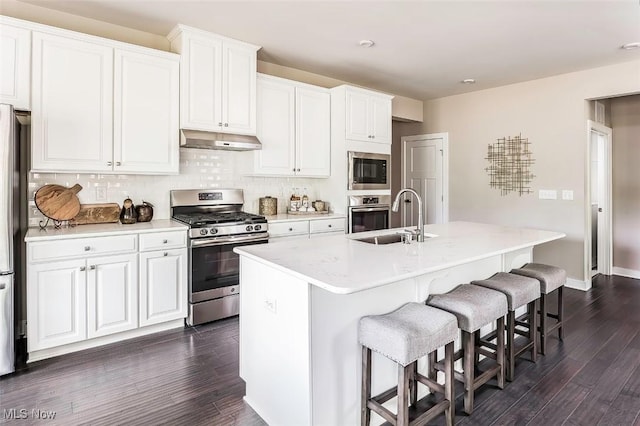 kitchen with under cabinet range hood, a kitchen island with sink, dark wood-type flooring, appliances with stainless steel finishes, and a sink