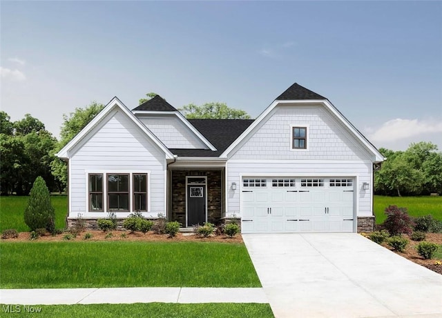 craftsman house featuring a front lawn, stone siding, and concrete driveway