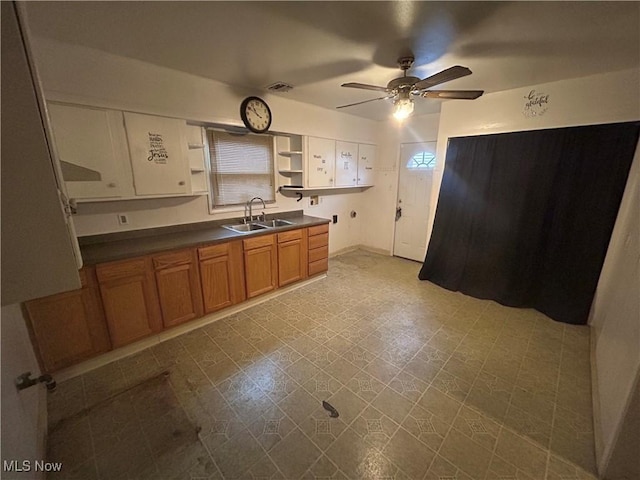 2424 Mccartney Rd, Youngstown, OH 44505 - kitchen featuring ceiling fan, visible vents, a sink, dark countertops, and brown cabinets