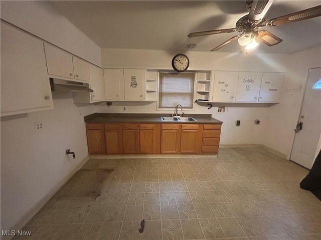 2424 Mccartney Rd, Youngstown, OH 44505 - kitchen with a ceiling fan, open shelves, dark countertops, under cabinet range hood, and a sink