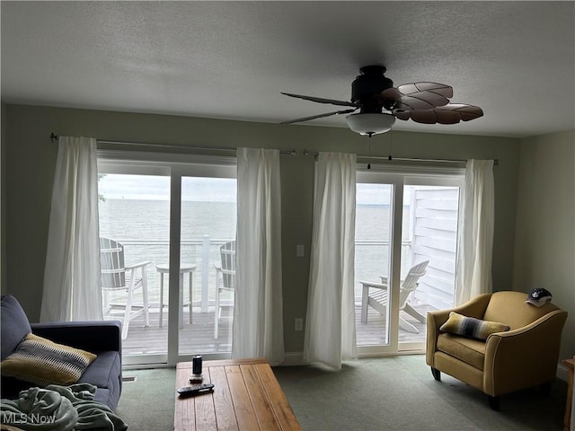 1252 Tri Motor Dr Unit 213, Put-In-Bay, OH 43456 - carpeted living area with healthy amount of natural light, a ceiling fan, and a textured ceiling