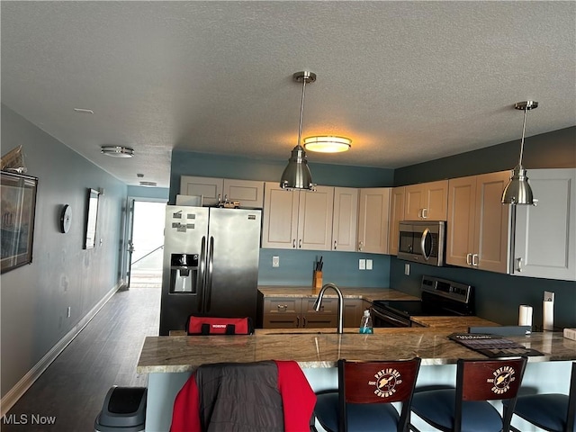 1252 Tri Motor Dr Unit 213, Put-In-Bay, OH 43456 - kitchen with appliances with stainless steel finishes, dark wood finished floors, a textured ceiling, a peninsula, and pendant lighting